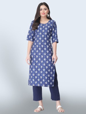 EthnicBasket Women Printed A-line Kurta(Blue, White)