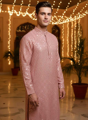 Fashion First Men Printed Straight Kurta(Pink)