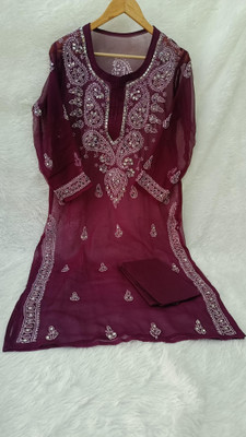 ul bmuS Women Chikan Embroidery, Embellished A-line Kurta(Purple)