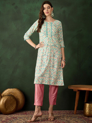Sangria Women Printed Straight Kurta(Green)