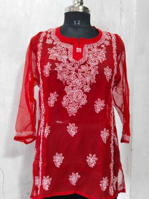 Adab Chikan handicrft Women Chikan Embroidery A-line Kurta(Red)