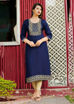 RAMWEAVERS Women Embroidered Straight Kurta(Light Blue)