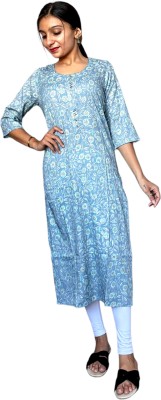 TAVAN Women Floral Print Straight Kurta(Light Blue, White)