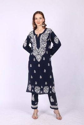 Rumi Chikan Women Chikan Embroidery A-line Kurta(Dark Blue)