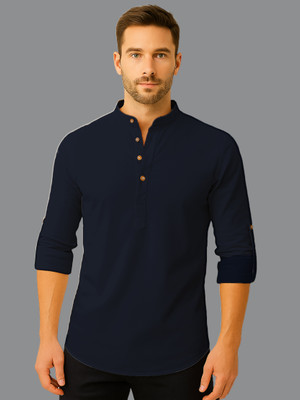 KNOWTED Men Solid Straight Kurta(Dark Blue)
