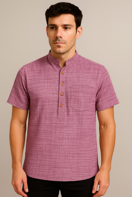 fincart Men Self Design Asymmetric Kurta(Pink)