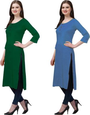Coft Women Solid Straight Kurta(Blue, Green)
