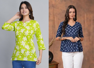 ARZOO Women Floral Print Flared Kurta(Green, Blue)