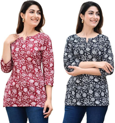 GURUFASHIONS Women Printed Straight Kurta(Red, Black)