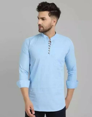 ISUELFAB Men Solid Straight Kurta(Light Blue)