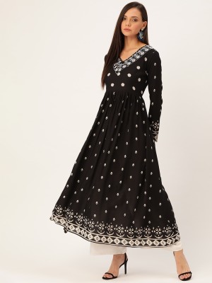 Jaipuri Fashionista Women Printed Anarkali Kurta(White, Black)