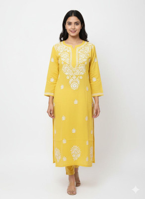 Unstop Women Chikan Embroidery Ethnic Dress Kurta(Yellow)