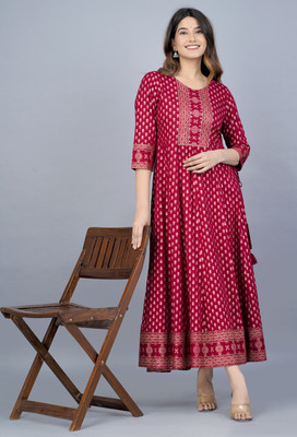 Mishree collection Women Printed Anarkali Kurta(Maroon, Gold, Pink)