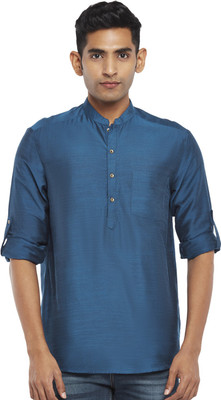 Indus Route by Pantaloons Men Self Design Straight Kurta(Blue)