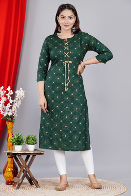 HouseOfCommon Women Printed Straight Kurta(Green)