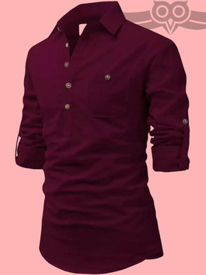 Life Roads Men Solid Pathani Kurta(Maroon)