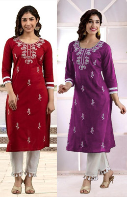 vikshi Women Chikan Embroidery A-line Kurta(Multicolor)