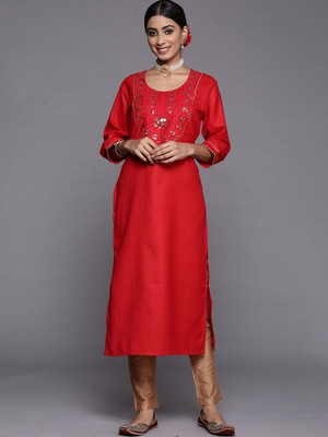 ANOUK Women Embroidered Straight Kurta(Red)