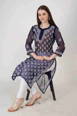 S R TEXTILE Women Chikan Embroidery A-line Kurta(Black)