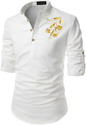 DEELMO Men Floral Print Straight Kurta(White)