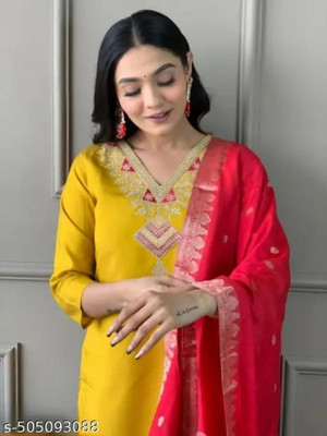 Maa Vaishno Trend Women Embroidered A-line Kurta(Yellow)