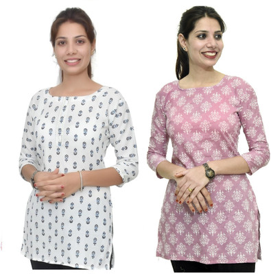 BR MANUFACTURER Women Printed Straight Kurta(White, Purple)