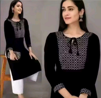 KurtisGalore Women Geometric Print, Embroidered A-line Kurta(Black)