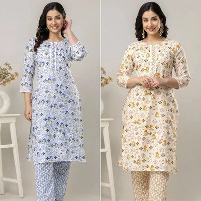 SN FASHION ATTIRE Women Floral Print A-line Kurta(Blue, Yellow)