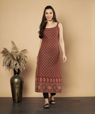 VBUYZ Women Floral Print Straight Kurta(Maroon)