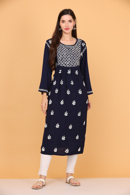 Gyanisha Women Chikan Embroidery A-line Kurta(Dark Blue)