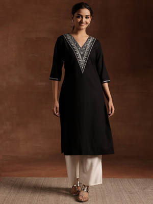 MK ART WITH DEVICE Women Embroidered A-line Kurta(Black)