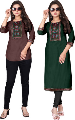 psmn Women Embroidered A-line Kurta(Dark Green, Brown)