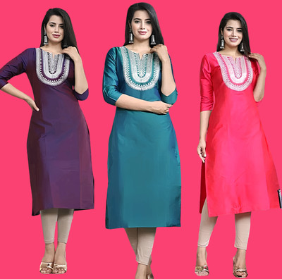Wasma Fashion Women Embroidered Straight Kurta(Pink, Green, Purple)