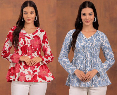 CLANGER Women Floral Print Flared Kurta(Light Blue)