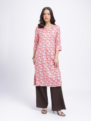 Anouk Rustic Women Floral Print Straight Kurta(Red)