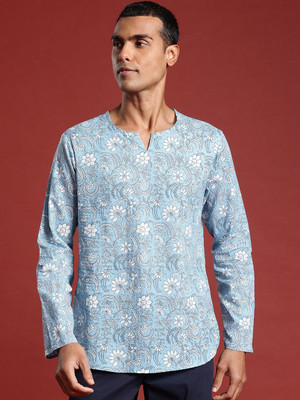 ANOUK Men Block Print Straight Kurta(Blue)