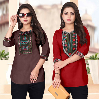 HELLY512 Women Embroidered A-line Kurta(Maroon, Brown)