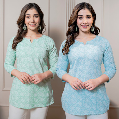 I N ENTERPRISES Women Floral Print Straight Kurta(Green, Blue)