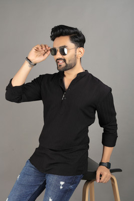 Nofilter Men Solid Straight Kurta(Black)