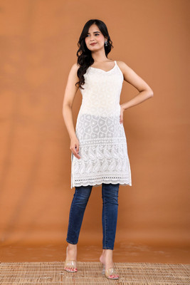 Pant n lites Women Chikan Embroidery, Self Design A-line Kurta(White)