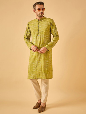 House of Pataudi Men Geometric Print Straight Kurta(Green)