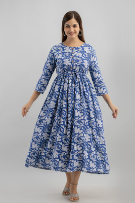 Pragusu Women Printed A-line Kurta(Blue)