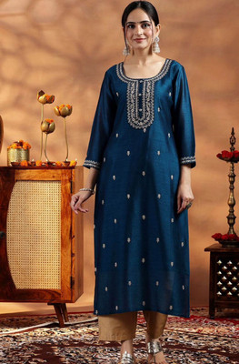 RARE THREAD Women Embroidered A-line Kurta(Purple)