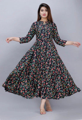 AnviTextile Women Printed Anarkali Kurta(Black)