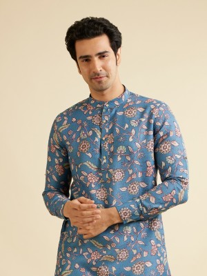 MANYAVAR Men Floral Print Straight Kurta(Blue)