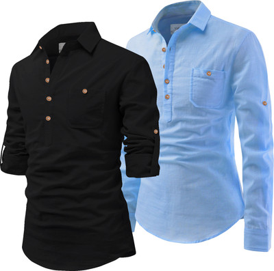 Univibe Men Solid Pathani Kurta(Black, Light Blue)