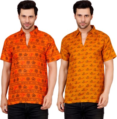 AXOLOTL Men Printed Straight Kurta(Orange, Yellow)