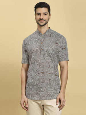 Rajubhai Hargovindas Men Floral Print Straight Kurta(Grey)