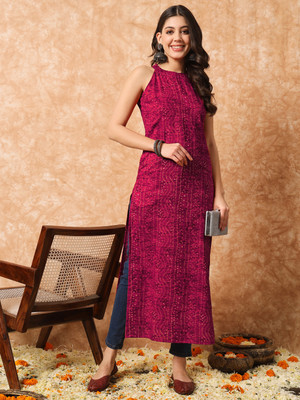MEERANSHI LIVING Women Bandhani Straight Kurta(Pink)