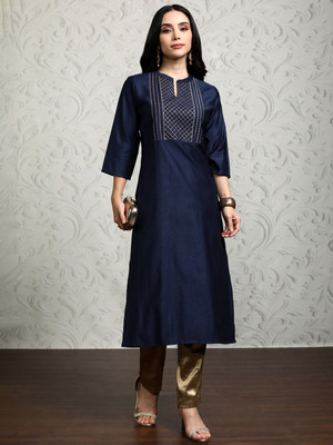 Vishudh Women Embroidered Straight Kurta(Blue)